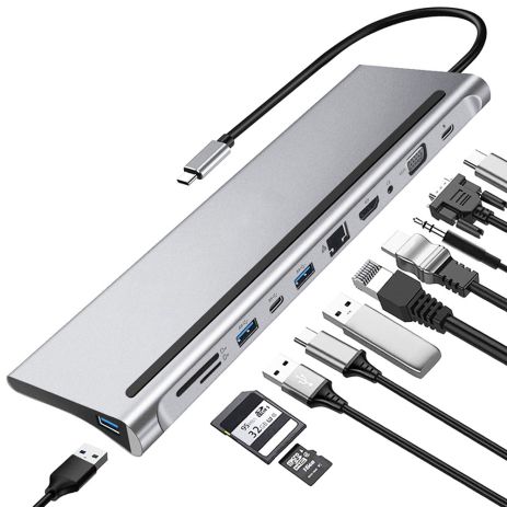 11в1: Многопортовый USB Type-C хаб / подставка для ноутбука Addap MH-01: HDMI + USB A + PD + USB C + SD + RJ45 + VGA + 3,5mm