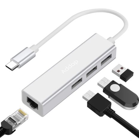 USB Type-C Хаб |адаптер на 3 порти USB 3,0 для ноутбука Addap MH-05, з інтернет підключенням Ethernet RJ-45