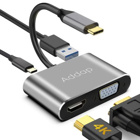 4в1: мультифункціональний адаптер USB Type-C хаб для ноутбука Addap MH-02: HDMI + VGA + USB 3,0 + USB-C PD