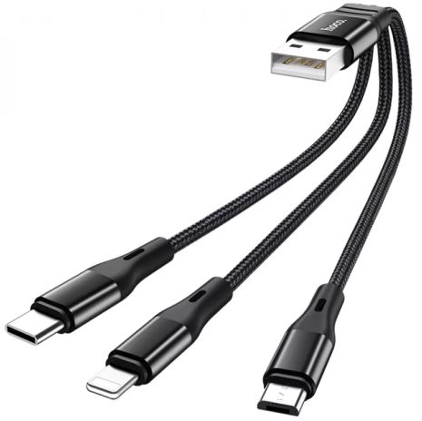 Комбінований кабель зарядки Hoco X47 3в1: microUSB/Lightning/Type-C, 25 см, Чорний