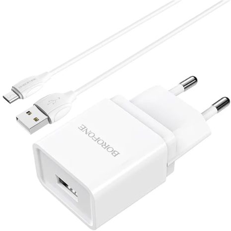 Зарядний пристрій МЗП + Кабель micro USB Borofone BA19A, 5V, 1.0A, White