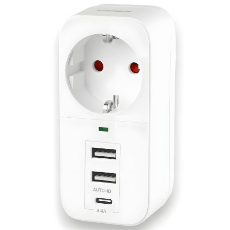 Сетевой адаптер с 2USB + USB-C и заземлением VIDEX ONCORD VF-AD1G2U1C-W White