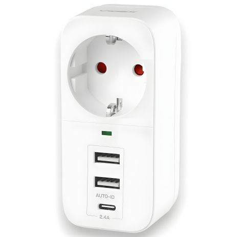 Мережевий адаптер з 2USB + USB-C та заземленням VIDEX ONCORD VF-AD1G2U1C-W White