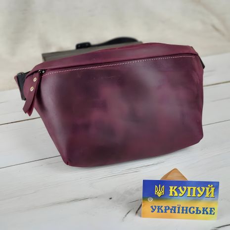 Женская кожаная сумка GS бордового цвета (на пояс, модель бананка)