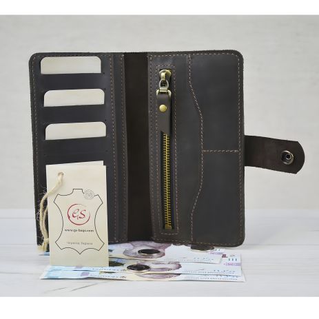 Кожаный мужской кошелек с монетницей на молнии GS, коричневый Кожаный мужской кошелек с монетницей на молнии GS, коричневый