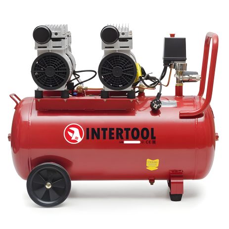 Малошумный безмасляный компрессор, 50 л, 2×0,75 кВт, 220 В, 8 атм, 290 л/мин, 1400 об/мин, 4 цилиндра, INTERTOOL PT-0023