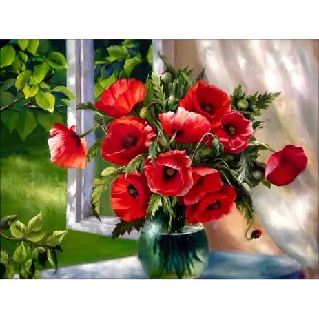 Маки на підвіконні алмазна мозаїка 40х50 см ColorArt SP058