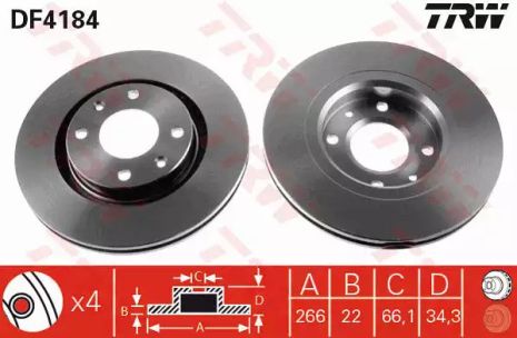 Диск тормозной CITROEN C3, C4, PEUGEOT 207 передн., вент. , TRW (DF4184)