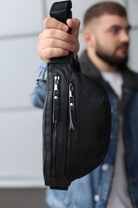 Мужская бананка из натуральной кожи, черная, SKILL Мужская бананка из натуральной кожи, черная, SKILL