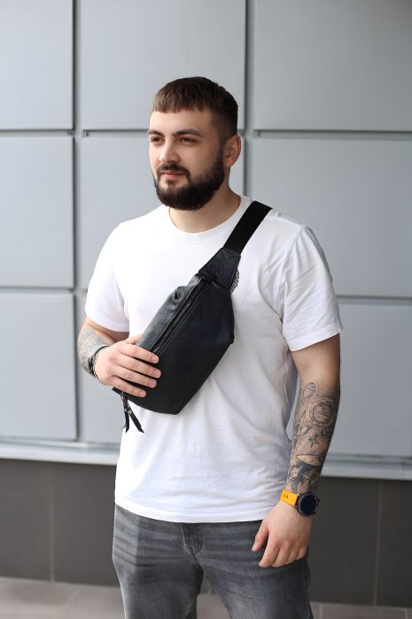 Чоловіча сумка бананка із натуральної шкіри, чорна, SKILL Чоловіча сумка бананка із натуральної шкіри, чорна, SKILL