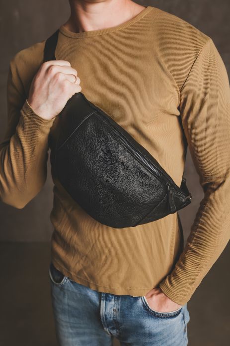 Чоловіча сумка бананка із натуральної шкіри, чорна, SKILL