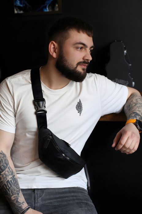 Чоловіча поясна сумка з натуральної шкіри, чорна