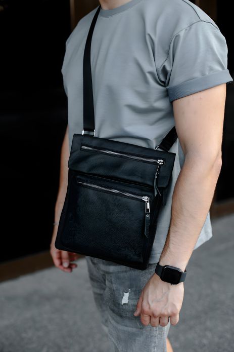 Сумка чоловіча SKILL мессенджер із натуральної шкіри черна Сумка чоловіча SKILL мессенджер із натуральної шкіри черна
