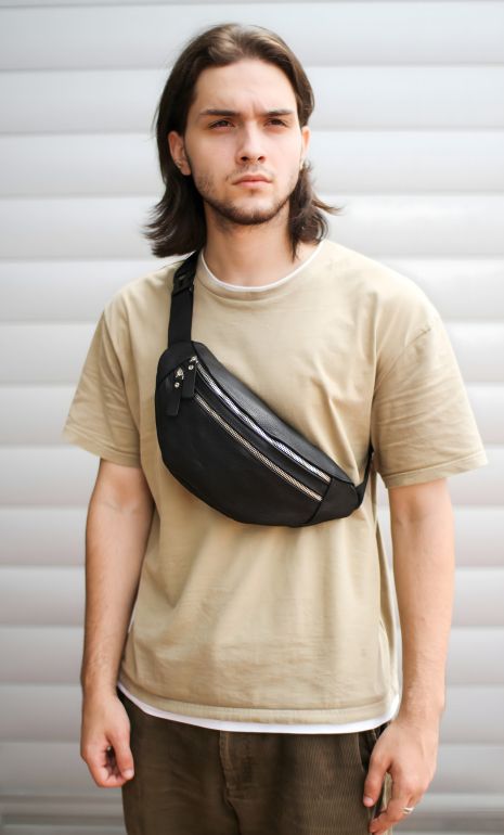 Чоловіча поясна сумка з натуральної шкіри, чорна