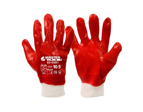 Червоні рукавички кислотостійкі з бавовняного трикотажу, повне ПВХ покриття, MASTERTOOL 83-0501