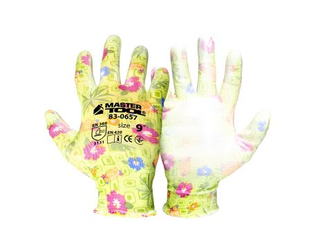 Бесшовные трикотажные перчатки "Хризантема" с полиуретановым покрытием ладони 9" 17-20 г, 12 пар MASTERTOOL 83-0657doz