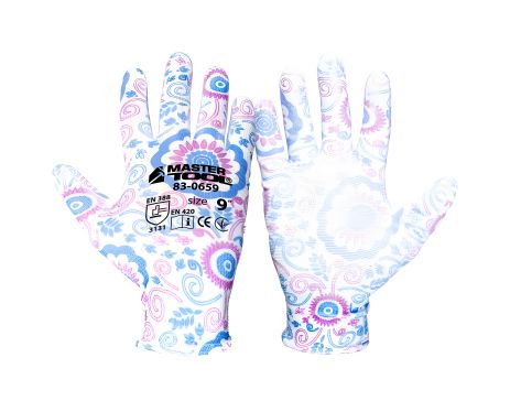 Безшовні трикотажні рукавички Незабудка з поліуретановим покриттям долоні, розмір 9" 17-20г, 12 пар від Mastertool (83-0659doz)