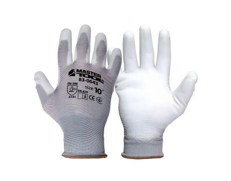 Перчатки бесшовные трикотажные с полиуретановым покрытием ладони 10" 25-26 г подвес серые MASTERTOOL 83-0643