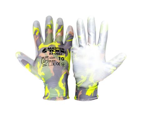 Трикотажні Рукавички "Камуфляж" з поліуретановим покриттям долоні 10" 17-20 г підвіс 12 пар MASTERTOOL 83-0662doz