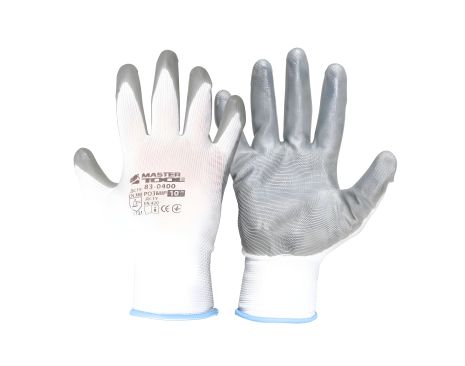 Рукавички трикотажні безшовні нітрилове покриття долоні 10" 12 пар біло-сірі MASTERTOOL 83-0400doz Рукавички трикотажні безшовні нітрилове покриття долоні 10" 12 пар біло-сірі MASTERTOOL 83-0400doz