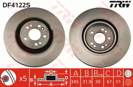 Диск гальмівний MERCEDES ML(163) F D=345mm 00-05, TRW (DF4222S)