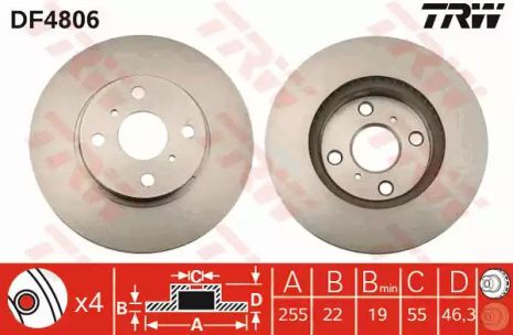 Диск гальмівний (1 шт.) TOYOTA Yaris FD=255mm 05, TRW (DF4806)