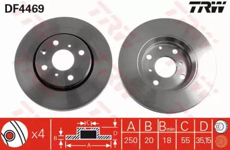 Диск тормозной (1 шт.) CITROEN/PEUGEOT/TOYOTA C1/107/Aygo F 05, TRW (DF4469)