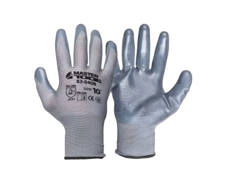Трикотажні рукавички безшовні з нітриловим покриттям долоні 10" підвіс сірі MASTERTOOL 83-0408