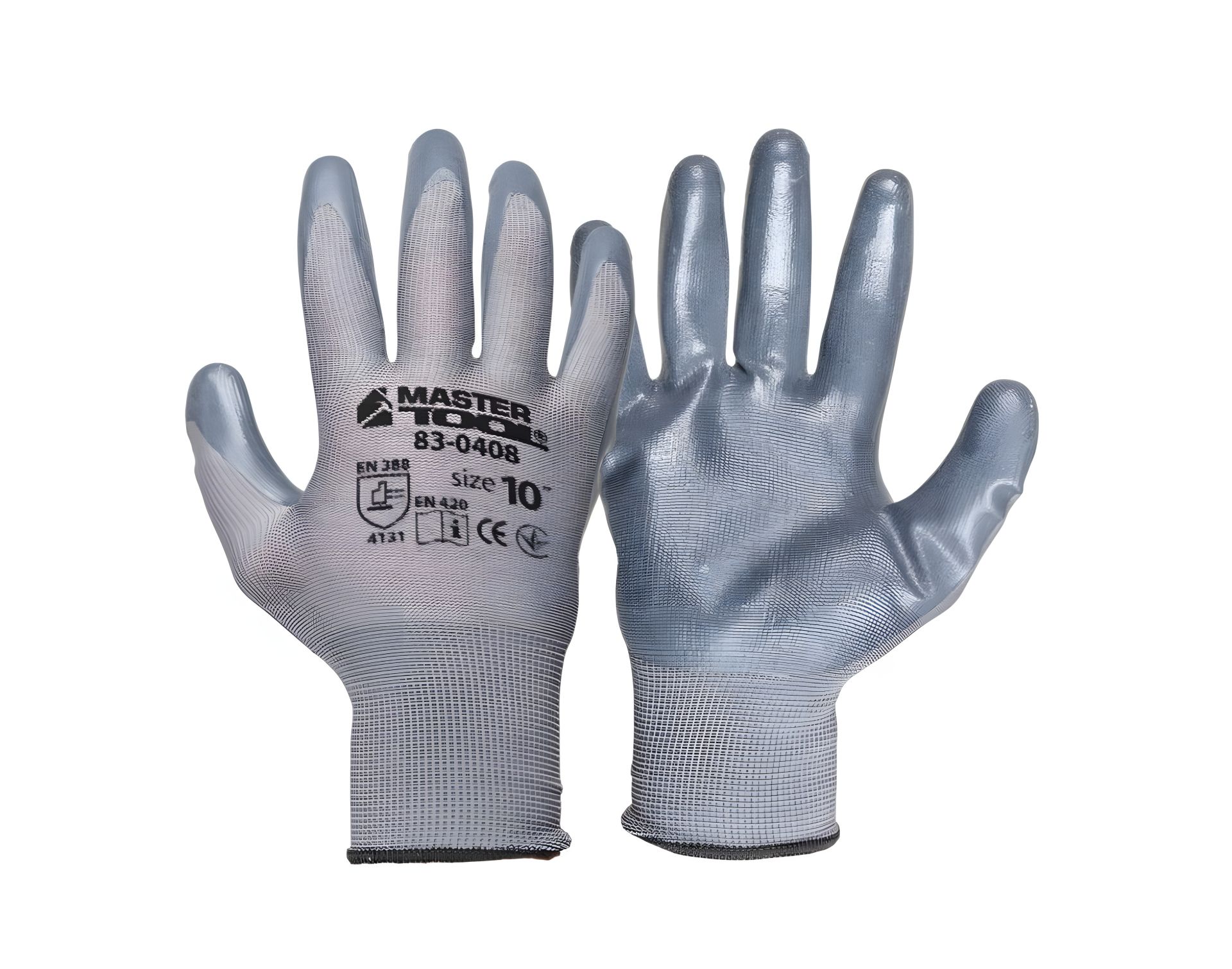 Трикотажні рукавички безшовні з нітриловим покриттям долоні 10" підвіс сірі MASTERTOOL 83-0408 Трикотажні рукавички безшовні з нітриловим покриттям долоні 10" підвіс сірі MASTERTOOL 83-0408
