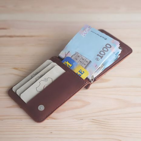 Шкіряний затиск для грошей з монетницею GS, 8.5*12.5 см, коньячний