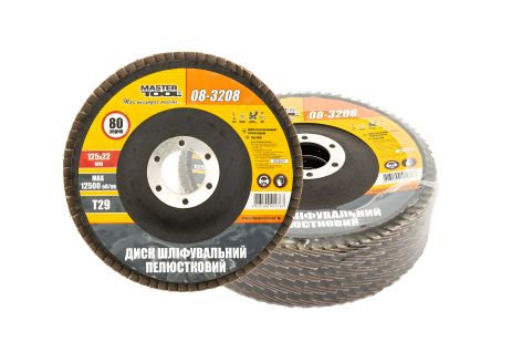 Шлифовальный лепестковый диск конусный Т29 зерно 80 125×22 мм 5 шт MASTERTOOL 08-3208PC Шлифовальный лепестковый диск конусный Т29 зерно 80 125×22 мм 5 шт MASTERTOOL 08-3208PC
