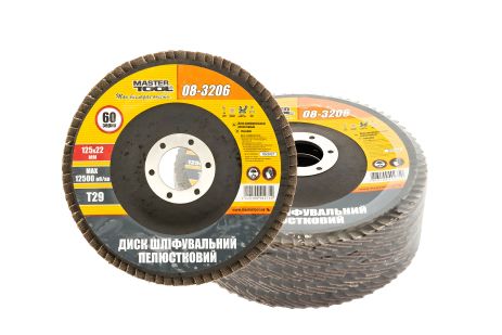 Лепестковый шлифовальный диск конусный Т29 зерно 60 125×22 мм, 5 шт MASTERTOOL 08-3206PC Лепестковый шлифовальный диск конусный Т29 зерно 60 125×22 мм, 5 шт MASTERTOOL 08-3206PC