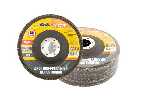 Пелюстковий шліфувальний диск Т27 зерно 60 125×22 мм 5 шт MASTERTOOL 08-2206PC Пелюстковий шліфувальний диск Т27 зерно 60 125×22 мм 5 шт MASTERTOOL 08-2206PC