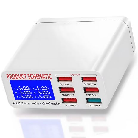 Зарядная станция на 6 USB портов Addap MCS-896, многопортовое зарядное устройство с дисплеем, 40W
