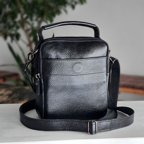 Чоловіча шкіряна сумка GS з ременем через плече, чорна флотар