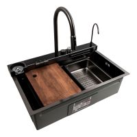 Платиновая кухонная мойка 75*46D PVD черная Handmade "ВОДОСПАД"