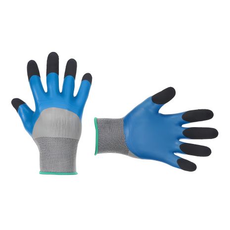 Рукавичка трикотажна з 3/4 покриттям з синього спіненого латексу, синтетична, посилена, покриття пальців чорним зморшкуватим латексом, 8", INTERTOOL SP-0105 Рукавичка трикотажна з 3/4 покриттям з синього спіненого латексу, синтетична, посилена, покриття пальців чорним зморшкуватим латексом, 8", INTERTOOL SP-0105
