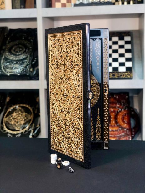 Нарды из черного камня с узором 58×28см