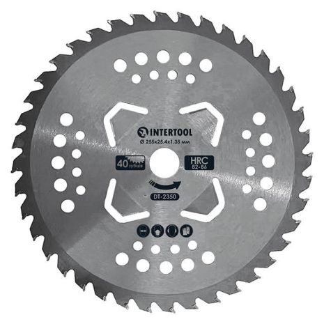 Ніж для мотокоси/тримера з твердосплавними напайками ø255х25.4х1.35 мм 40T, HRC 82-86, 4 підрізні лопаті INTERTOOL DT-2350