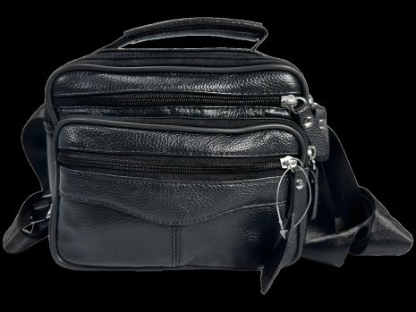 Шкіряна сумка на п'ять відділень чорного кольору через плече