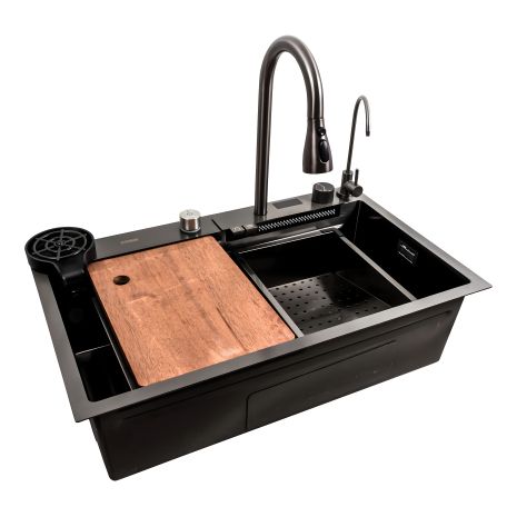 Кухонна мийка 75*45G в чорному кольорі, Platinum Handmade, "Водоспад"
