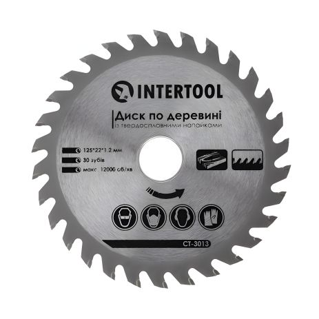 Дерев'яний диск з твердосплавними напайками 125×22,2×1,2 мм, 30 зубів, 12000 об/хв INTERTOOL CT-3013