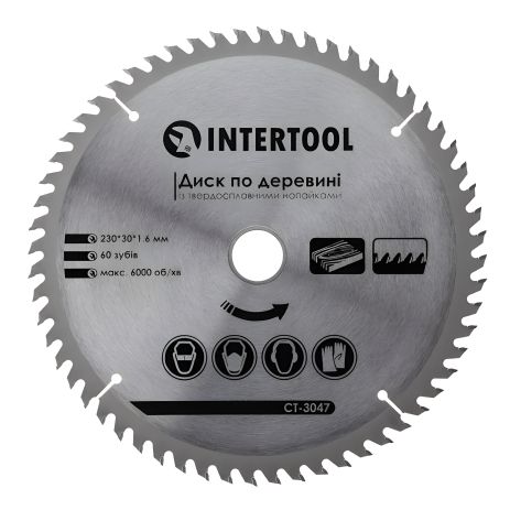 Диск по деревині INTERTOOL CT-3047 з твердосплавними напайками 230×30×1,6 мм, 60 зубів, 6000 об/хв