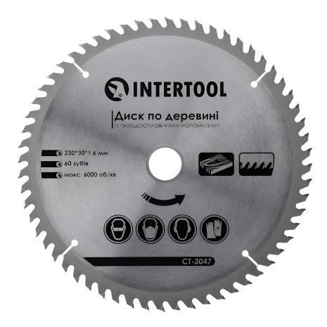 Диск по деревині INTERTOOL CT-3047 з твердосплавними напайками 230×30×1,6 мм, 60 зубів, 6000 об/хв