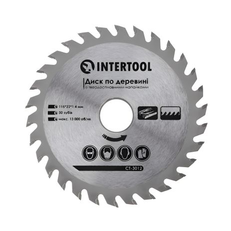 Диск по деревині з твердосплавними напайками, 115×22,2×1,4 мм, 30 зубів, 13000 об/хв INTERTOOL CT-3012