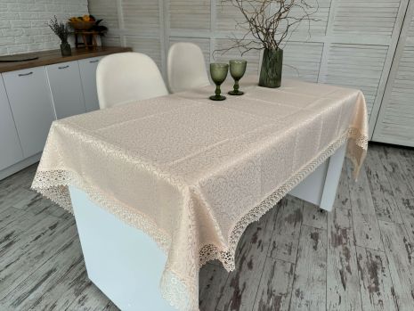 Скатертина святкова з мереживом 150x220 см тканинна 3385-zp завіток пудра
