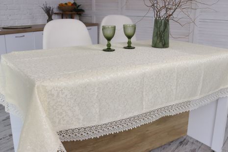Скатертина святкова з мереживом 150x220 см тканинна 3385-dk др. квіточки кремовий Скатертина святкова з мереживом 150x220 см тканинна 3385-dk др. квіточки кремовий
