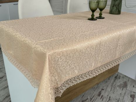 Тканинна святкова скатертина з мереживом 150x220 см, 3385-dkr др. квіточки карамель
