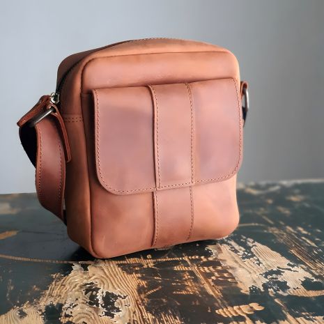 Кожана чоловіча сумка GS, коньячна, повсякденна