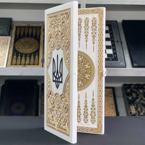 Нарды из белого камня Черный трезубец 58×28×5см патриотические